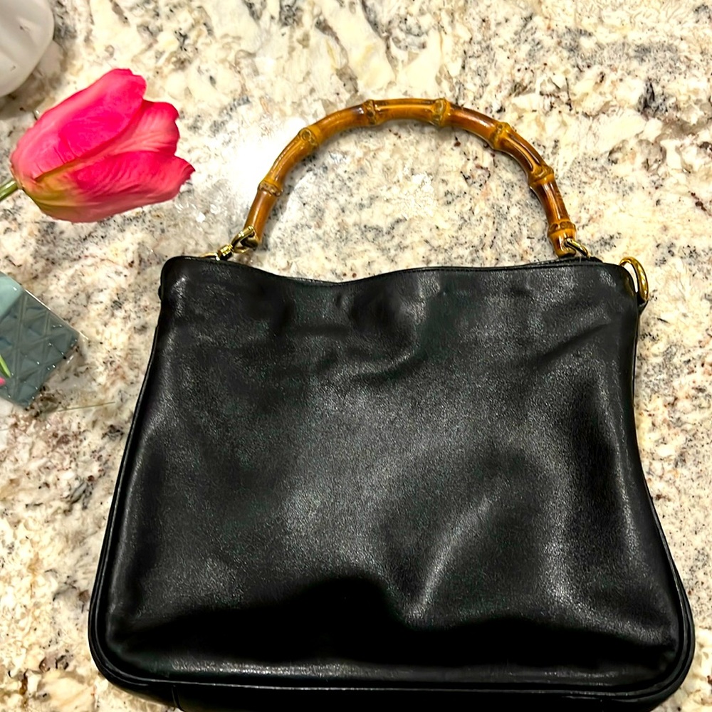 Gucci Black Leather Shoulder Bag with Bamboo Handle